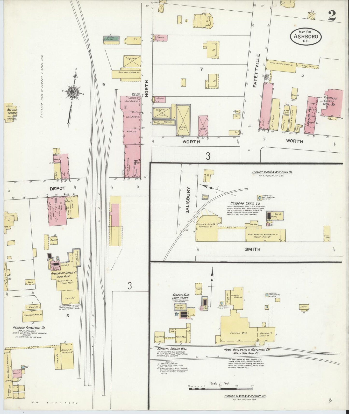 Sanborn Fire Insurance Map from Asheboro, Randolph County, North Carolina (1910), Sheet #0002 - Historic Sanborn Fire Insurance Map Print, vintage old map wall art, antique decor, genealogy gift, North Carolina North Carolina map