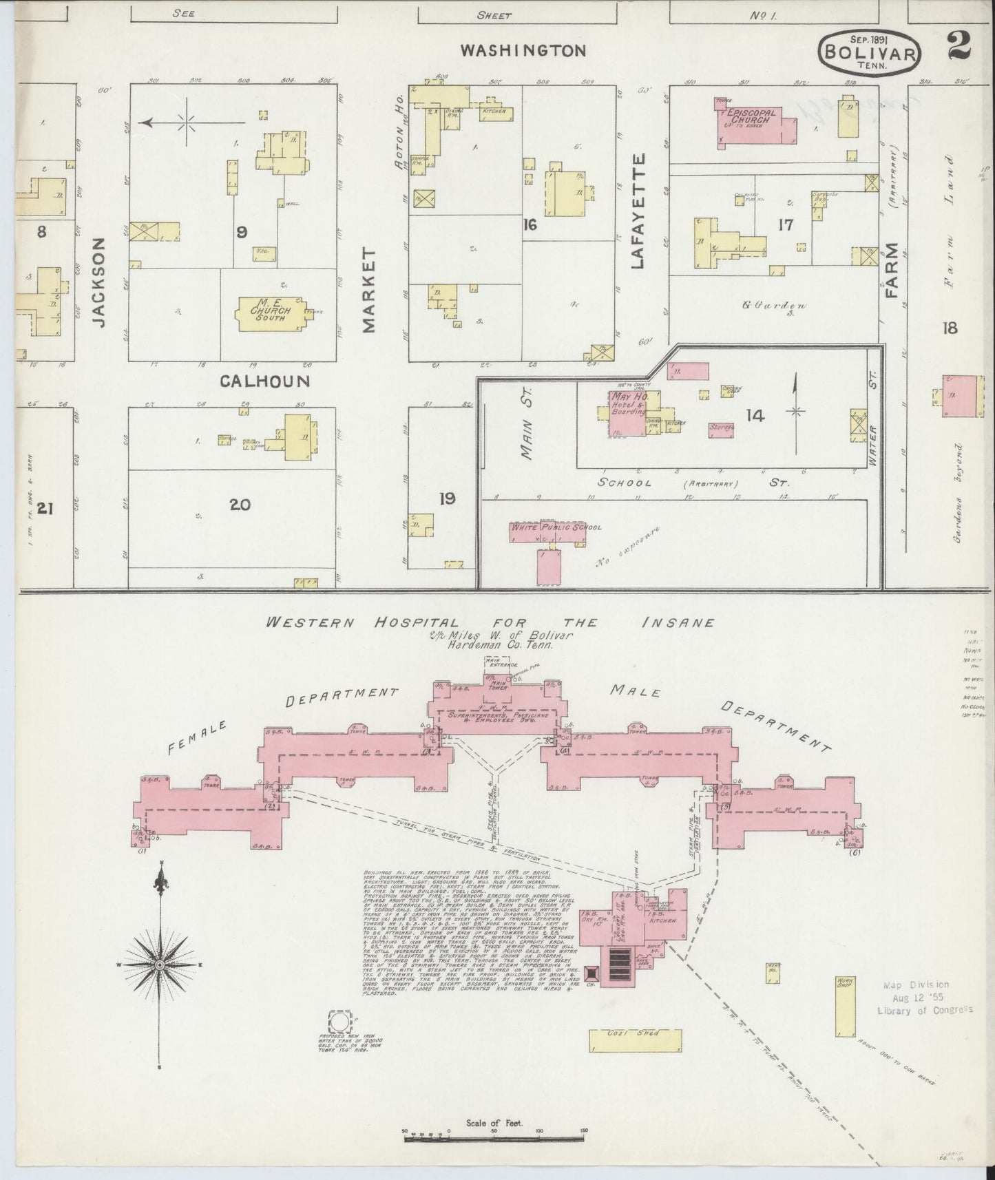 Sanborn Fire Insurance Map from Bolivar, Hardeman County, Tennessee (1891), Sheet #0002 - Complete Map Set gallery image, historic Sanborn map, vintage wall art, Tennessee Tennessee