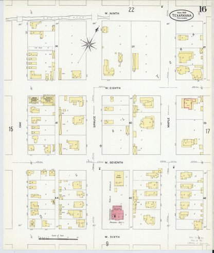Sanborn Fire Insurance Map from Texarkana, Bowie County, Texas (1909), Sheet #0016 - Complete Map Set gallery image, historic Sanborn map, vintage wall art, Texas Texas