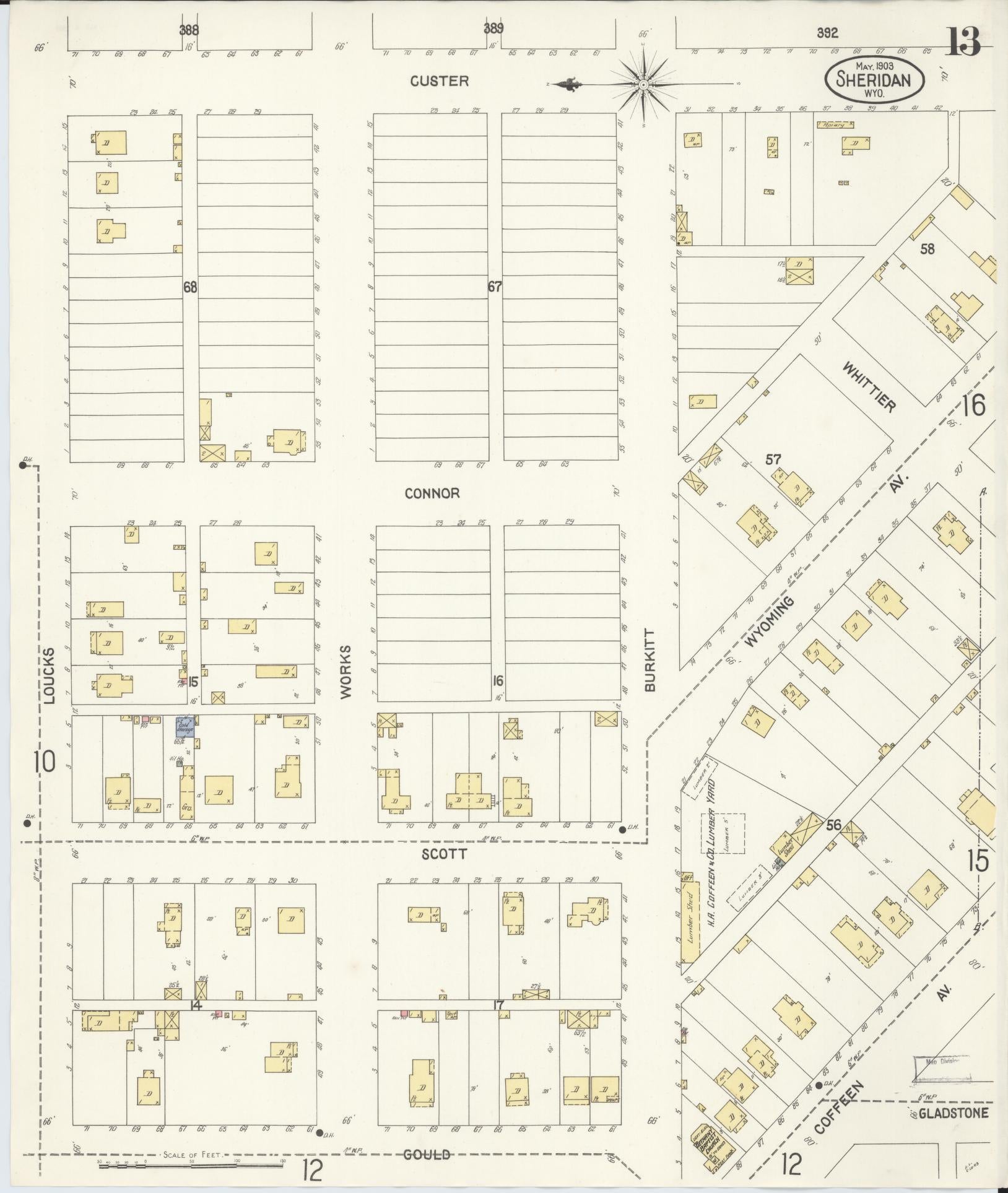 Sanborn Fire Insurance Map from Sheridan, Sheridan County, Wyoming (1903), Sheet #0013 - Historic Sanborn Fire Insurance Map Print, vintage old map wall art, antique decor, genealogy gift, Wyoming Wyoming map