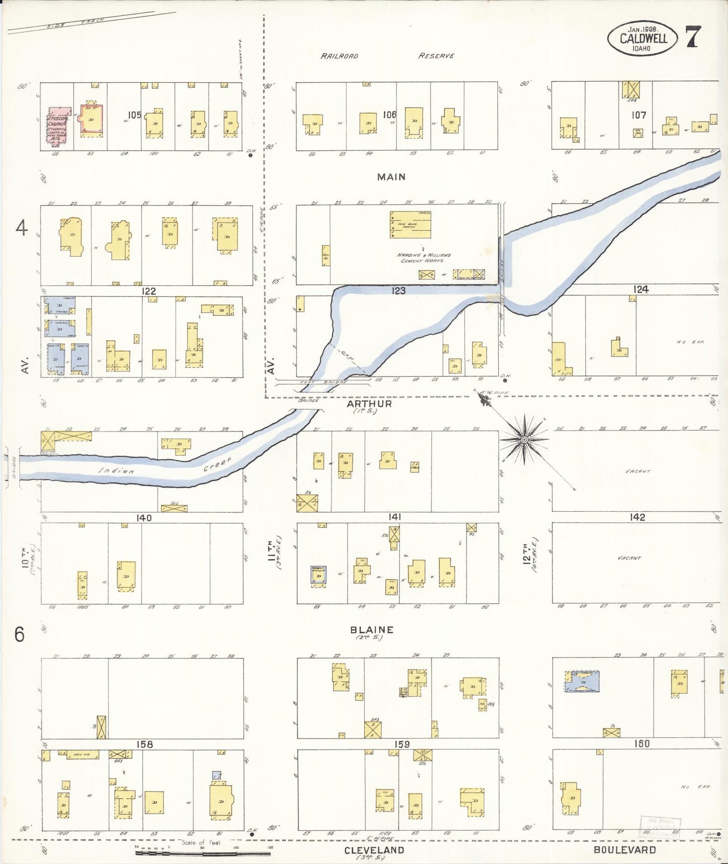 Sanborn Fire Insurance Map from Caldwell, Canyon County, Idaho (1908), Sheet #0007 - Historic Sanborn Fire Insurance Map Print, vintage old map wall art, antique decor, genealogy gift, Idaho Idaho map