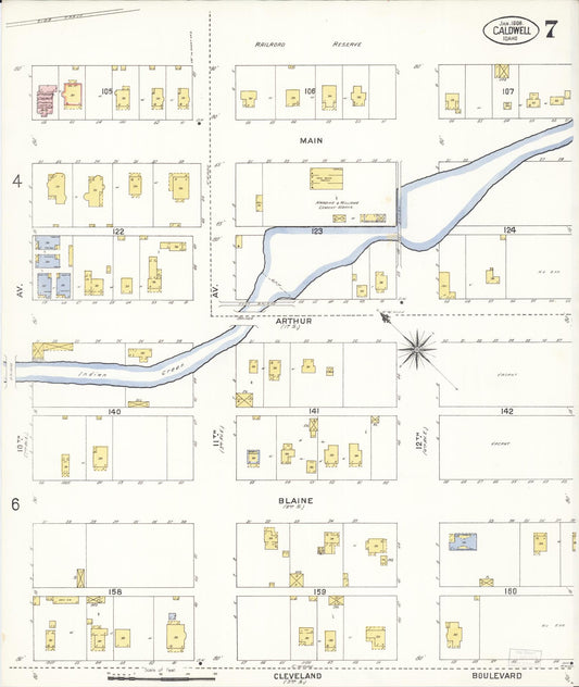 Sanborn Fire Insurance Map from Caldwell, Canyon County, Idaho (1908), Sheet #0007 - Historic Sanborn Fire Insurance Map Print, vintage old map wall art, antique decor, genealogy gift, Idaho Idaho map