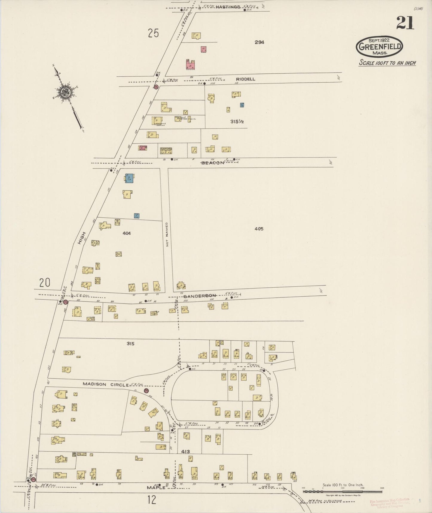 Sanborn Fire Insurance Map from Greenfield, Franklin County, Massachusetts (1922), Sheet #0021 - Complete Map Set gallery image, historic Sanborn map, vintage wall art, Massachusetts Massachusetts