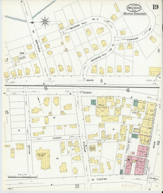 Sanborn Fire Insurance Map from Melrose, Middlesex County, Massachusetts (1909), Sheet #0019 - Historic Sanborn Fire Insurance Map Print, vintage old map wall art, antique decor, genealogy gift, Massachusetts Massachusetts map