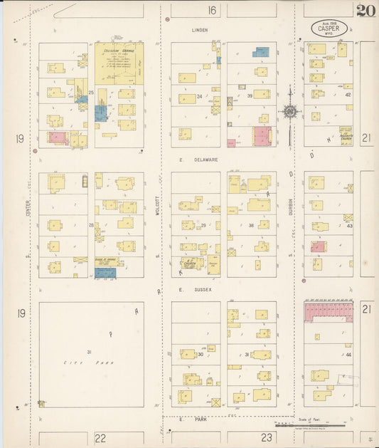 Sanborn Fire Insurance Map from Casper, Natrona County, Wyoming (1918), Sheet #0020 - Historic Sanborn Fire Insurance Map Print, vintage old map wall art, antique decor, genealogy gift, Wyoming Wyoming map