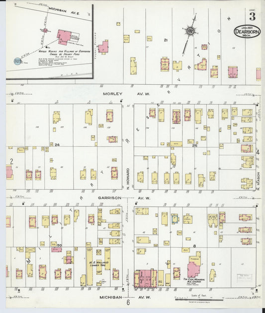 Sanborn Fire Insurance Map from Dearborn, Wayne County, Michigan (1921), Sheet #0003 - Historic Sanborn Fire Insurance Map Print, vintage old map wall art, antique decor, genealogy gift, Michigan Michigan map