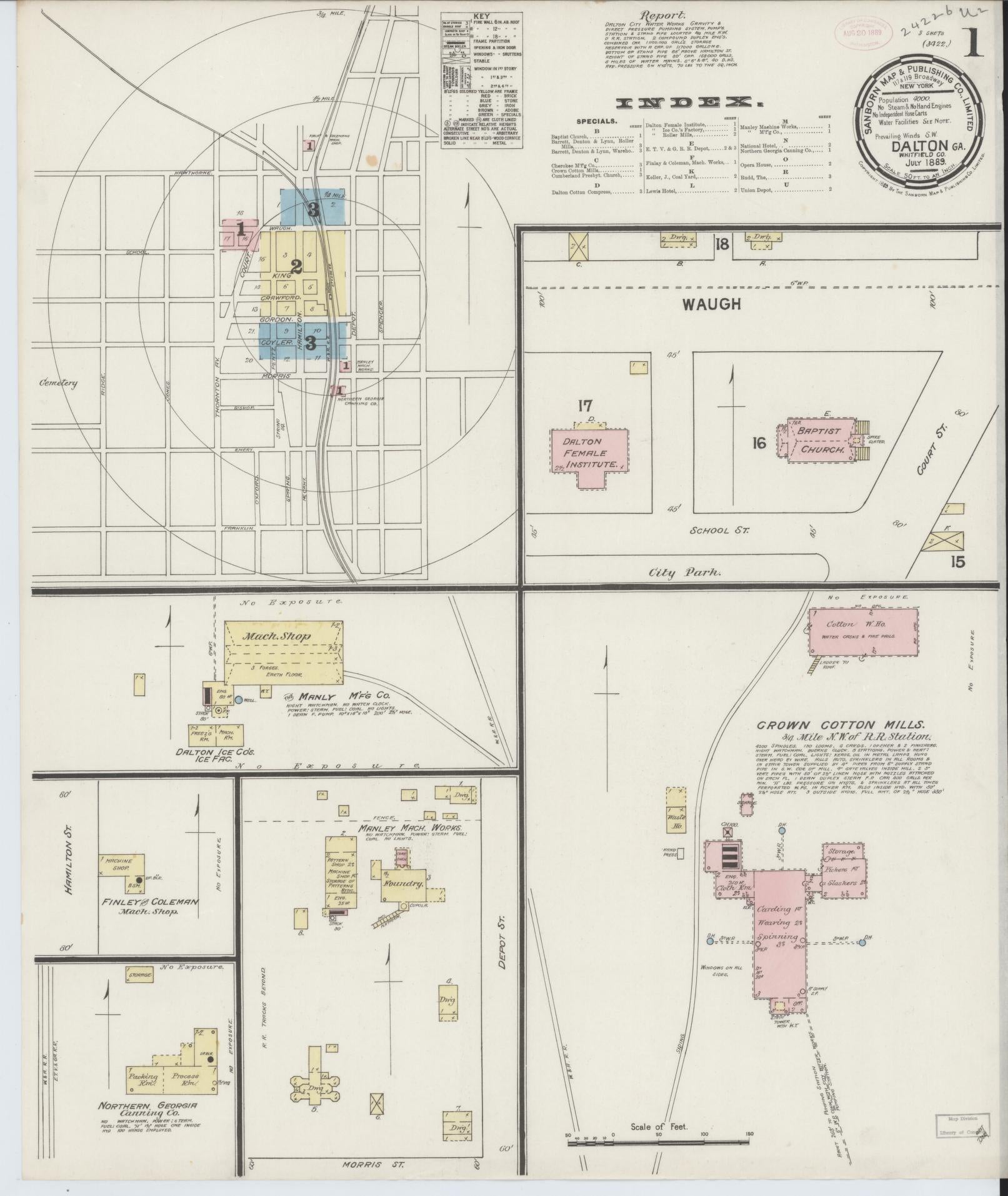 Sanborn Fire Insurance Map from Dalton, Whitfield County, Georgia (1889), Sheet #0001 - Historic Sanborn Fire Insurance Map Print, vintage old map wall art, antique decor, genealogy gift, Georgia Georgia map