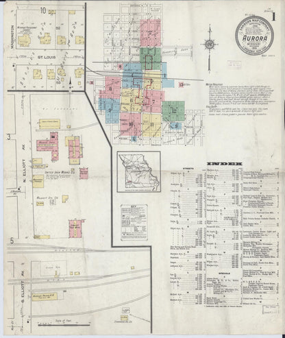 Sanborn Fire Insurance Map from Aurora, Lawrence County, Missouri (1914), Sheet #0001 - Complete Map Set gallery image, historic Sanborn map, vintage wall art, Missouri Missouri