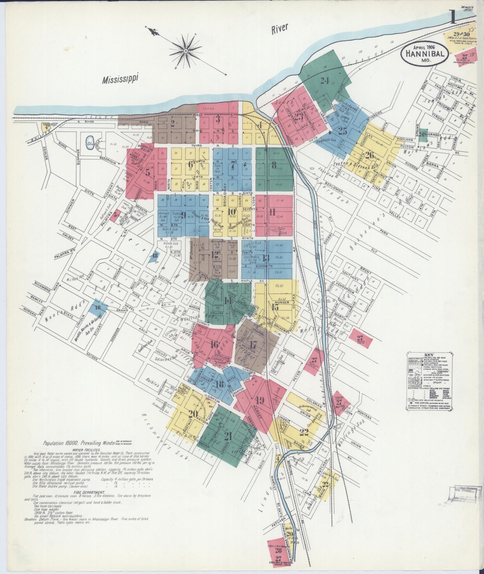 Sanborn Fire Insurance Map from Hannibal, Marion County, Missouri (1906), Sheet #0001 - Historic Sanborn Fire Insurance Map Print, vintage old map wall art, antique decor, genealogy gift, Missouri Missouri map