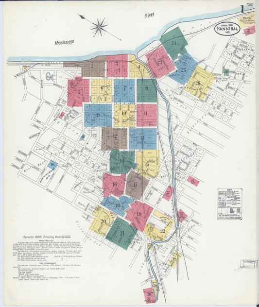 Sanborn Fire Insurance Map from Hannibal, Marion County, Missouri (1906), Sheet #0001 - Historic Sanborn Fire Insurance Map Print, vintage old map wall art, antique decor, genealogy gift, Missouri Missouri map