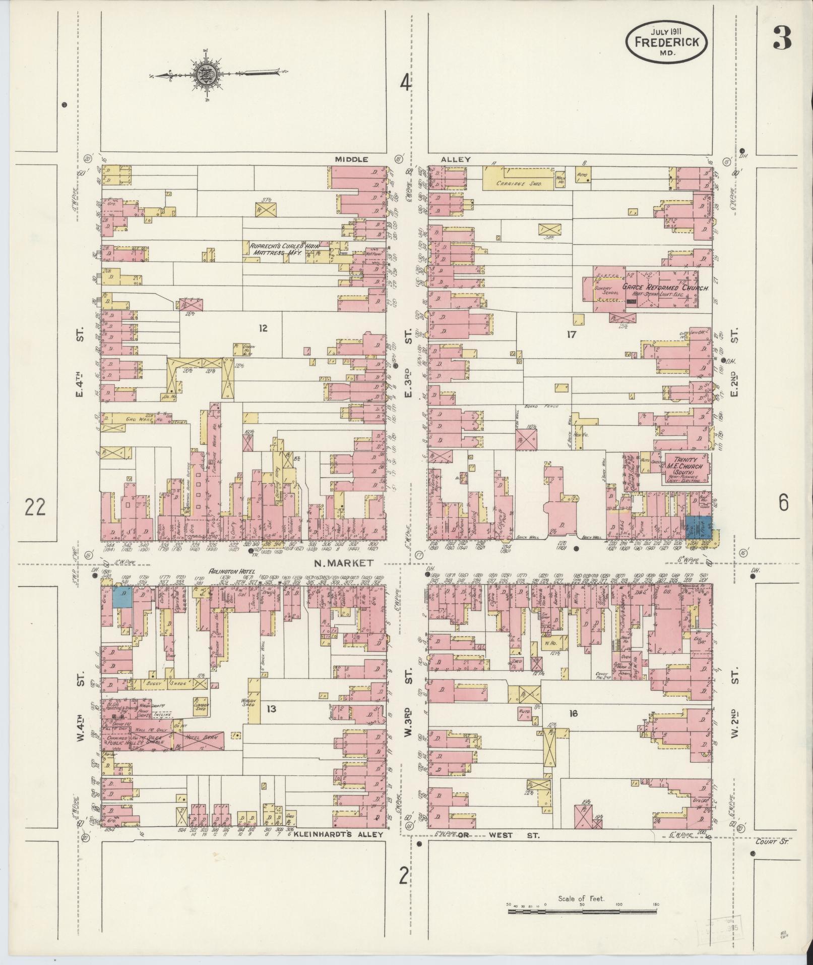 Frederick, Maryland - 1911 - Sanborn Fire Insurance Map, Sheet #0003 - Historic Sanborn Fire Insurance Map Print, Frederick Maryland 1911 0003 vintage old map wall art