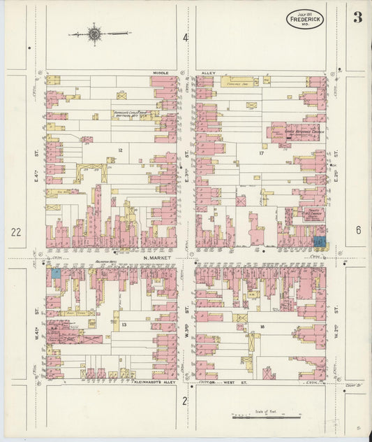 Frederick, Maryland - 1911 - Sanborn Fire Insurance Map, Sheet #0003 - Historic Sanborn Fire Insurance Map Print, Frederick Maryland 1911 0003 vintage old map wall art