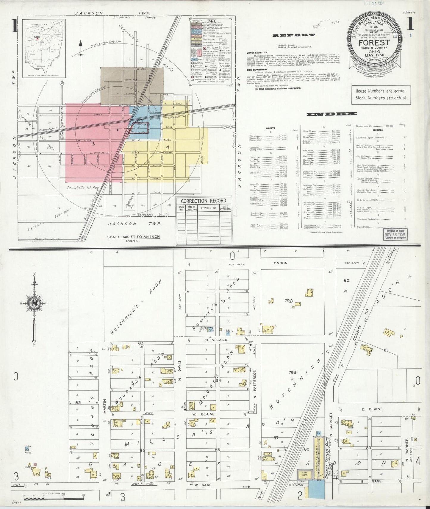 Sanborn Fire Insurance Map from Forest, Hardin County, Ohio (1950), Sheet #0001 - Historic Sanborn Fire Insurance Map Print, vintage old map wall art, antique decor, genealogy gift, Ohio Ohio map