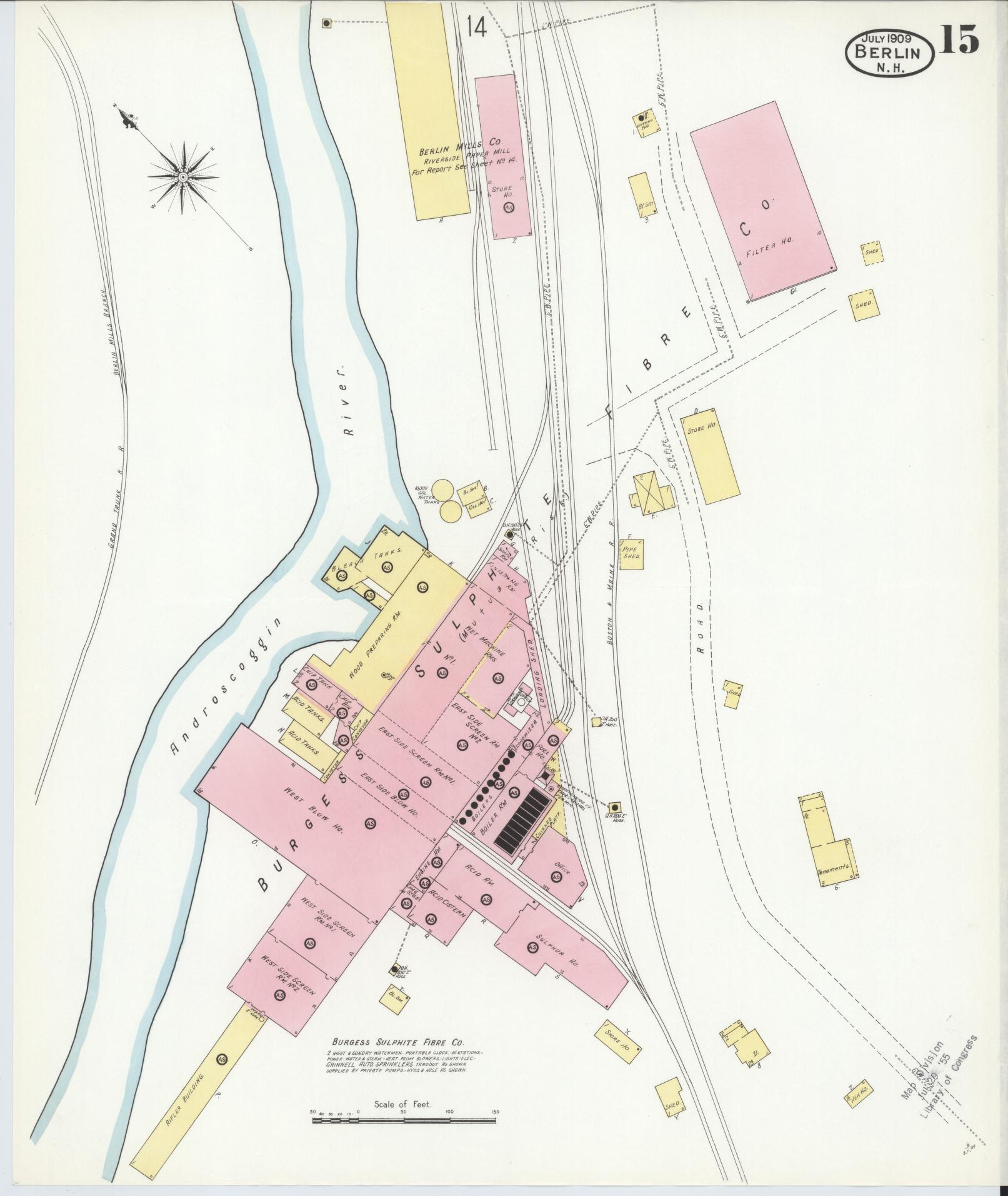 Sanborn Fire Insurance Map from Berlin, Coos County, New Hampshire (1909), Sheet #0015 - Historic Sanborn Fire Insurance Map Print, vintage old map wall art, antique decor, genealogy gift, New Hampshire New Hampshire map