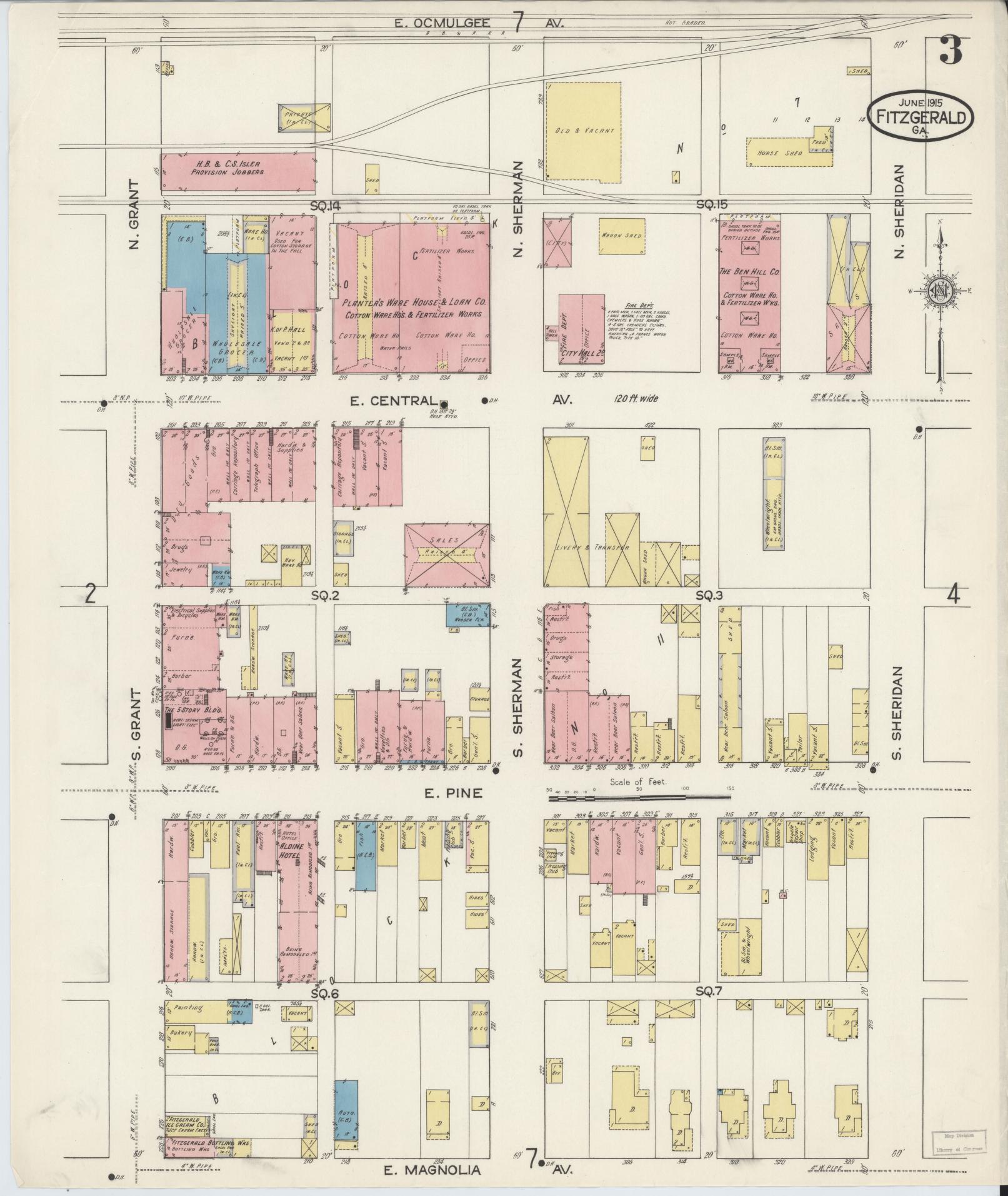 Sanborn Fire Insurance Map from Fitzgerald, Ben Hill County, Georgia (1915), Sheet #0003 - Complete Map Set gallery image, historic Sanborn map, vintage wall art, Georgia Georgia