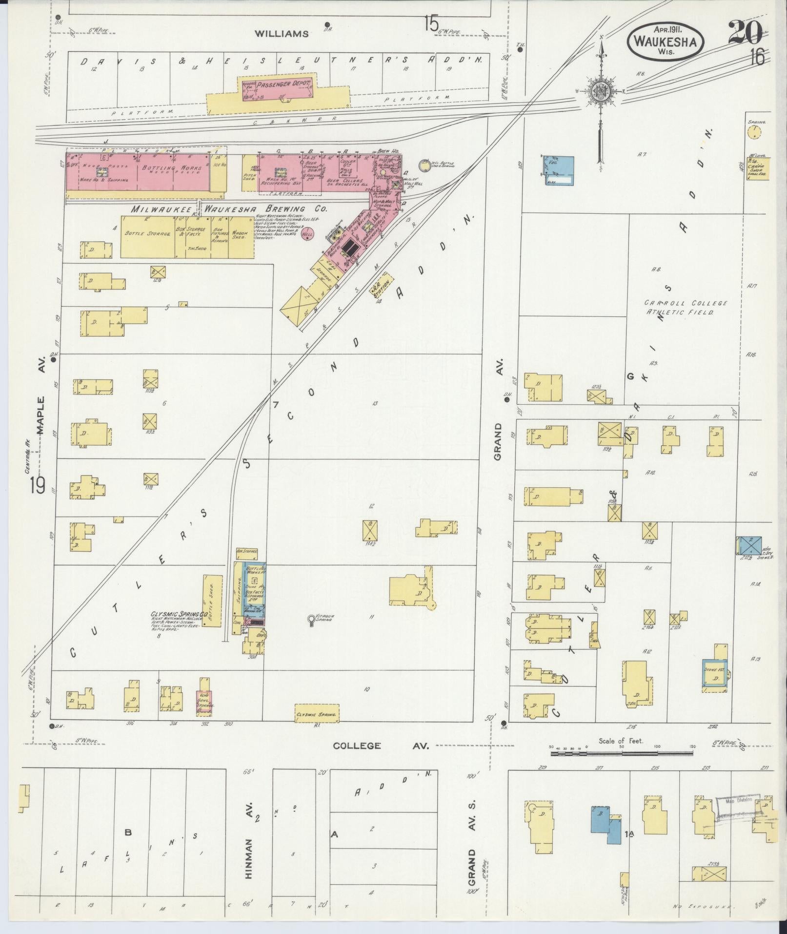 Sanborn Fire Insurance Map from Waukesha, Waukesha County, Wisconsin (1911), Sheet #0020 - Historic Sanborn Fire Insurance Map Print, vintage old map wall art, antique decor, genealogy gift, Wisconsin Wisconsin map