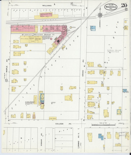 Sanborn Fire Insurance Map from Waukesha, Waukesha County, Wisconsin (1911), Sheet #0020 - Historic Sanborn Fire Insurance Map Print, vintage old map wall art, antique decor, genealogy gift, Wisconsin Wisconsin map