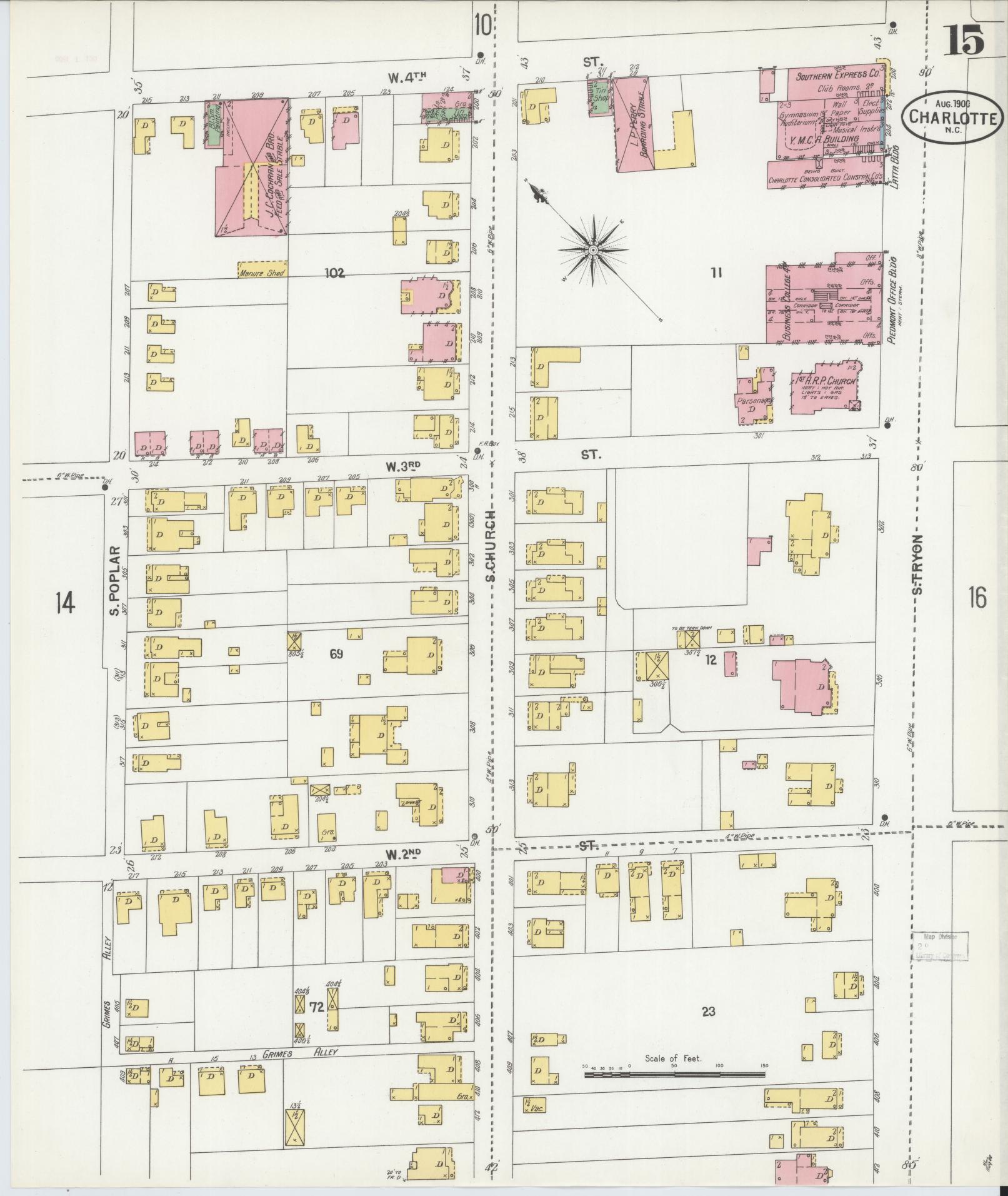 Sanborn Fire Insurance Map from Charlotte, Mecklenburg County, North Carolina (1900), Sheet #0015 - Complete Map Set gallery image, historic Sanborn map, vintage wall art, North Carolina North Carolina