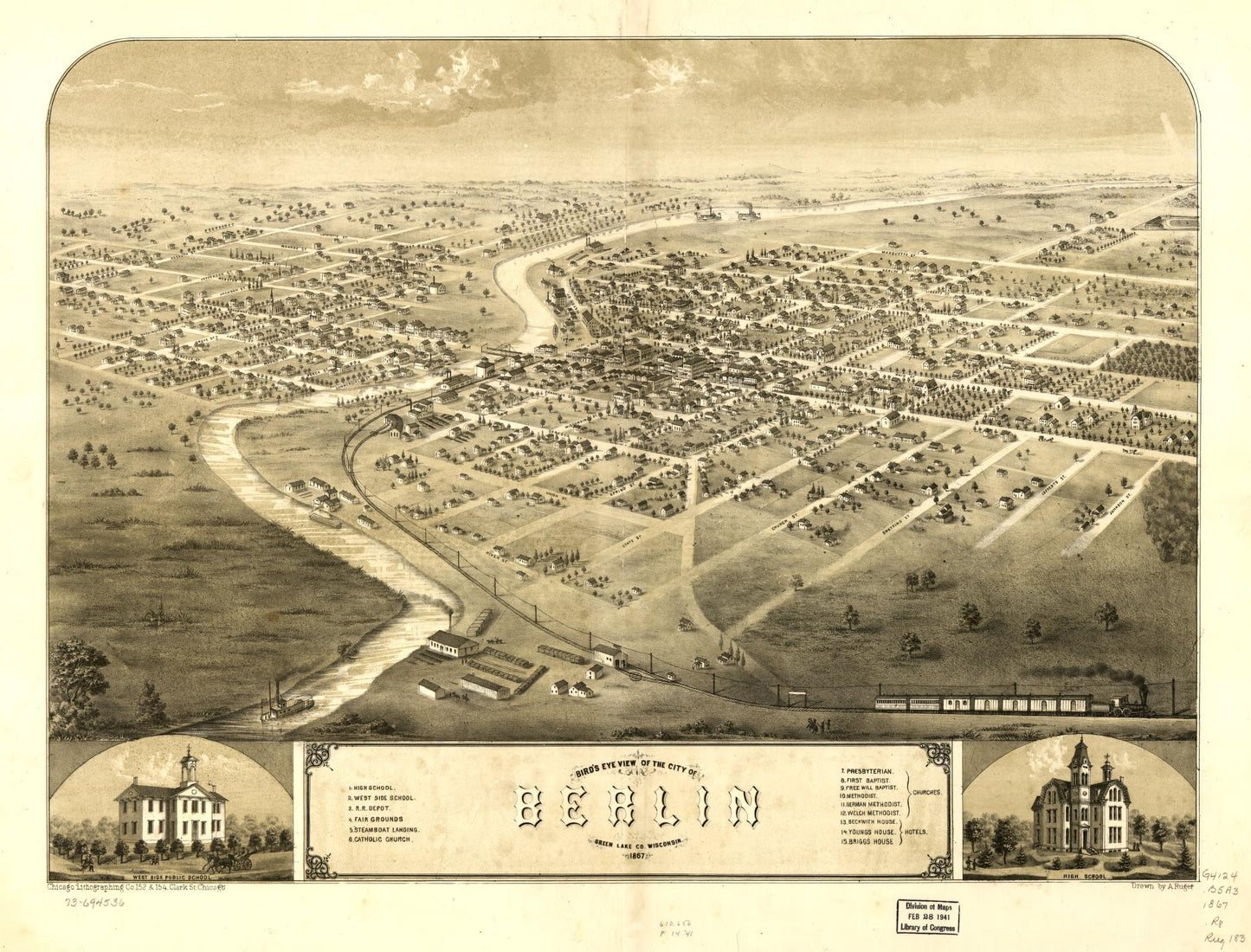 Bird's eye view of the city of Berlin, Green Lake Co., Wisconsin 1867. (1867) – Historic Bird’s-Eye View Panorama Print