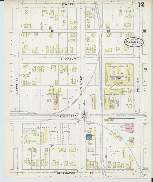 Sanborn Fire Insurance Map from Kalamazoo, Kalamazoo County, Michigan (1891), Sheet #0012 - Historic Sanborn Fire Insurance Map Print, vintage old map wall art, antique decor, genealogy gift, Michigan Michigan map