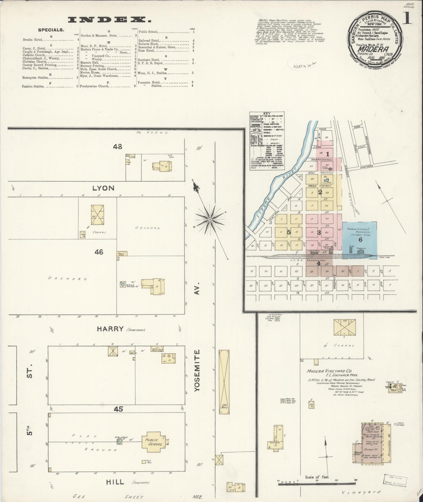 Sanborn Fire Insurance Map from Madera, Madera County, California (1891), Sheet #0001 - Historic Sanborn Fire Insurance Map Print, vintage old map wall art, antique decor, genealogy gift, California California map