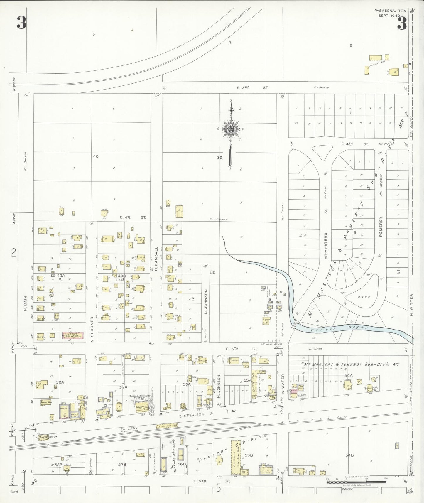 Sanborn Fire Insurance Map from Pasadena, Harris County, Texas (1940), Sheet #0003 - Historic Sanborn Fire Insurance Map Print, vintage old map wall art, antique decor, genealogy gift, Texas Texas map