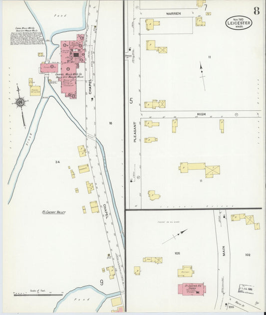 Sanborn Fire Insurance Map from Leicester, Worcester County, Massachusetts (1910), Sheet #0008 - Historic Sanborn Fire Insurance Map Print, vintage old map wall art, antique decor, genealogy gift, Massachusetts Massachusetts map