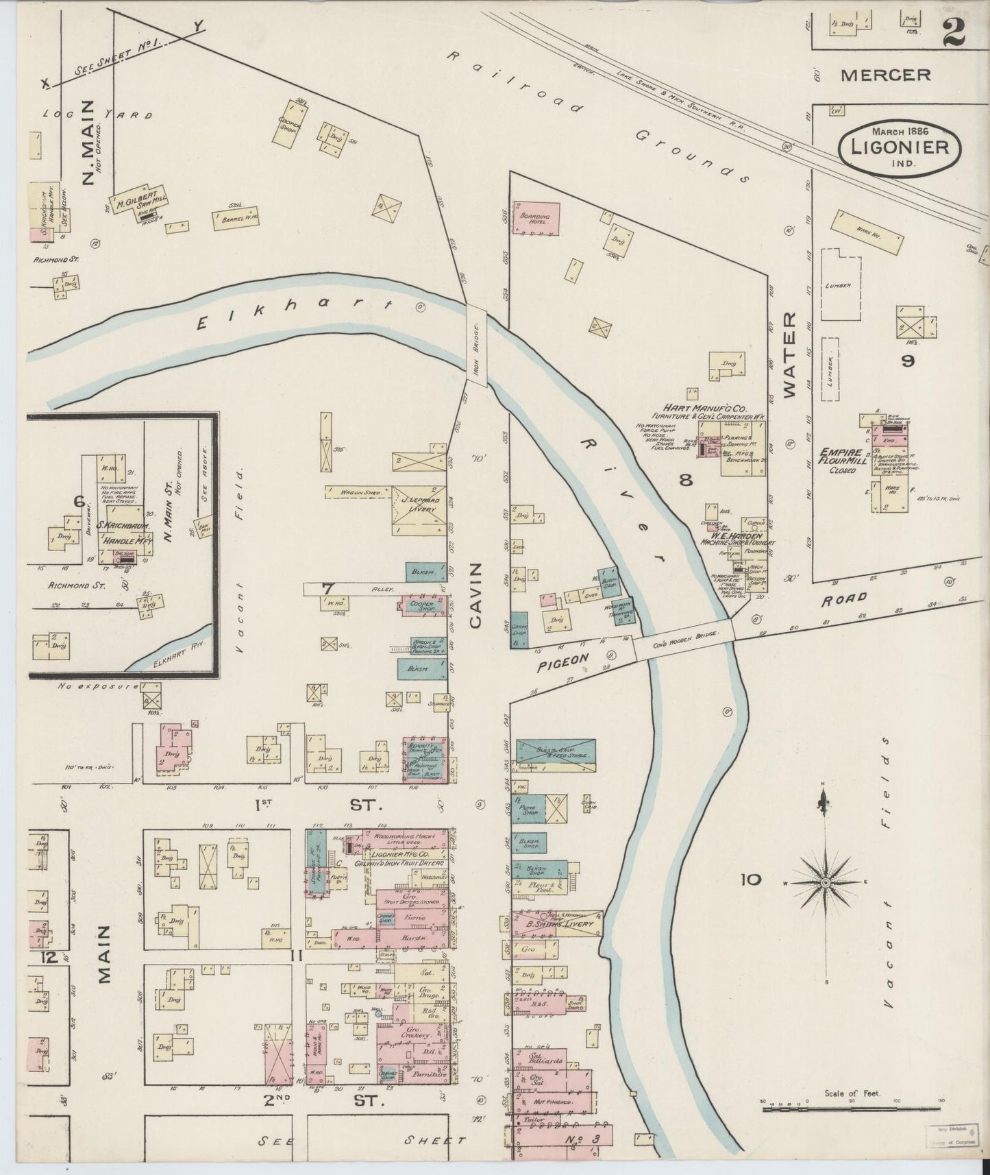 Sanborn Fire Insurance Map from Ligonier, Noble County, Indiana (1886), Sheet #0002 - Complete Map Set gallery image, historic Sanborn map, vintage wall art, Indiana Indiana