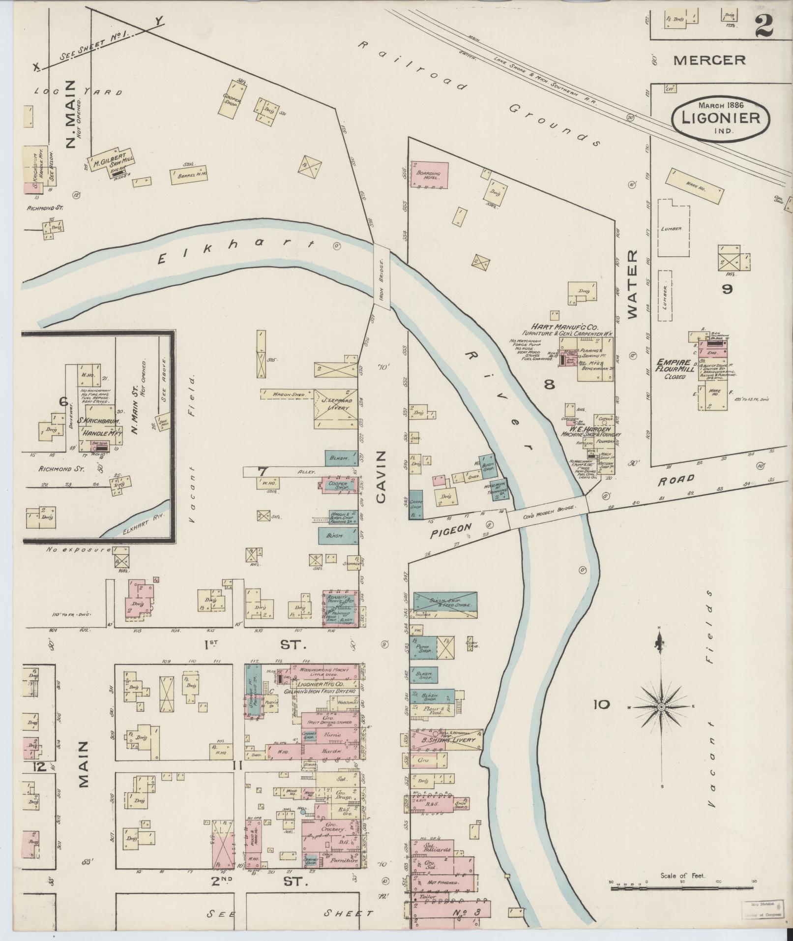 Sanborn Fire Insurance Map from Ligonier, Noble County, Indiana (1886), Sheet #0002 - Complete Map Set gallery image, historic Sanborn map, vintage wall art, Indiana Indiana
