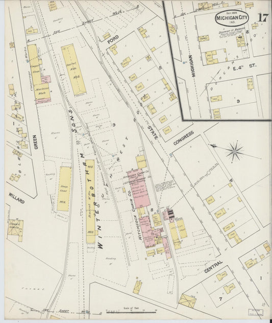 Sanborn Fire Insurance Map from Michigan City, La Porte County, Indiana (1889), Sheet #0017 - Historic Sanborn Fire Insurance Map Print, vintage old map wall art, antique decor, genealogy gift, Michigan Michigan map