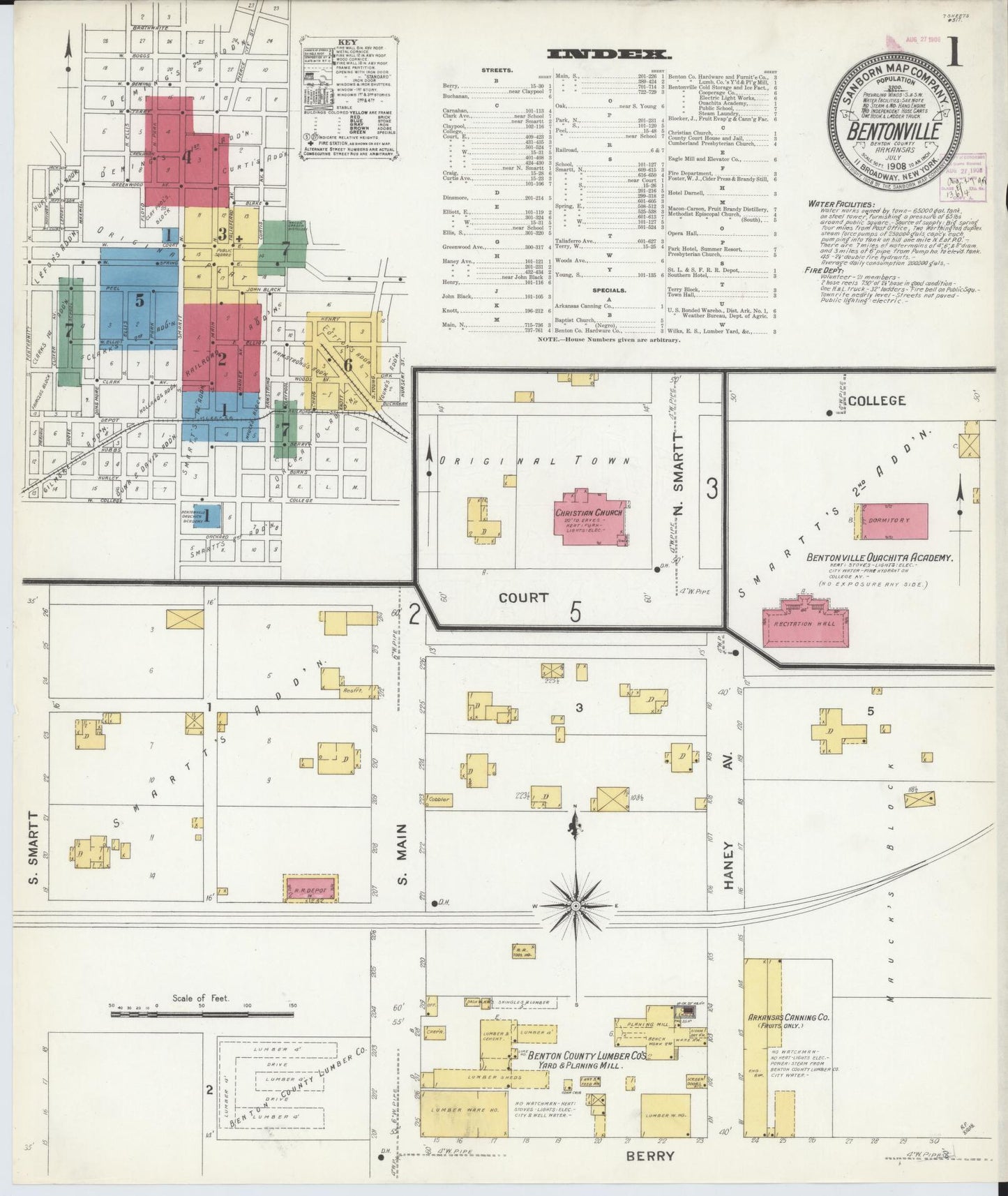 Sanborn Fire Insurance Map from Bentonville, Benton County, Arkansas (1908), Sheet #0001 - Complete Map Set gallery image, historic Sanborn map, vintage wall art, Arkansas Arkansas