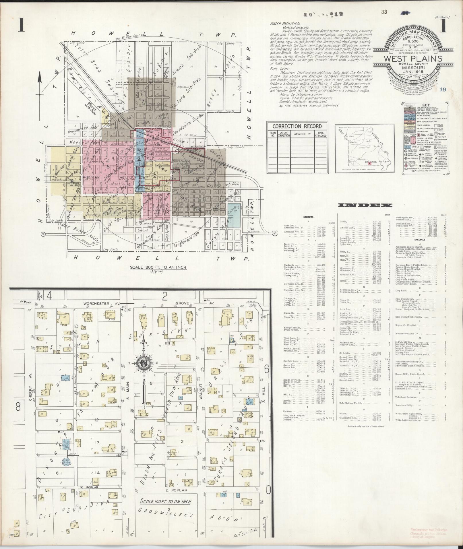 Sanborn Fire Insurance Map from West Plains, Howell County, Missouri (1948), Sheet #0001 - Complete Map Set gallery image, historic Sanborn map, vintage wall art, Missouri Missouri