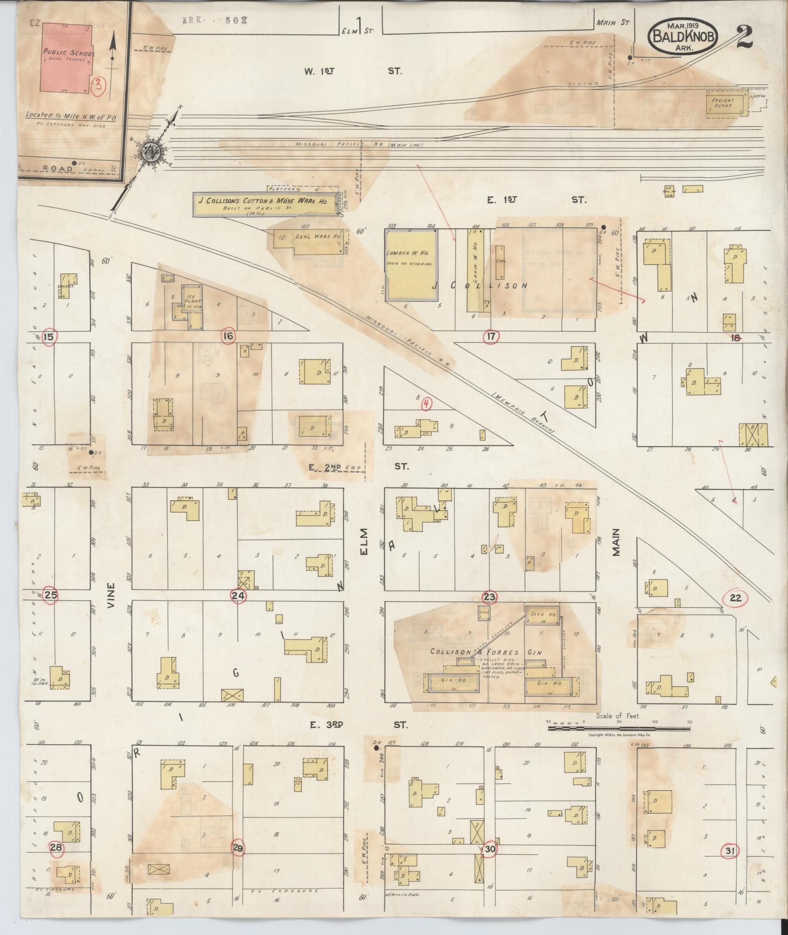 Sanborn Fire Insurance Map from Bald Knob, White County, Arkansas (1932), Sheet #0002 - Historic Sanborn Fire Insurance Map Print, vintage old map wall art, antique decor, genealogy gift, Arkansas Arkansas map