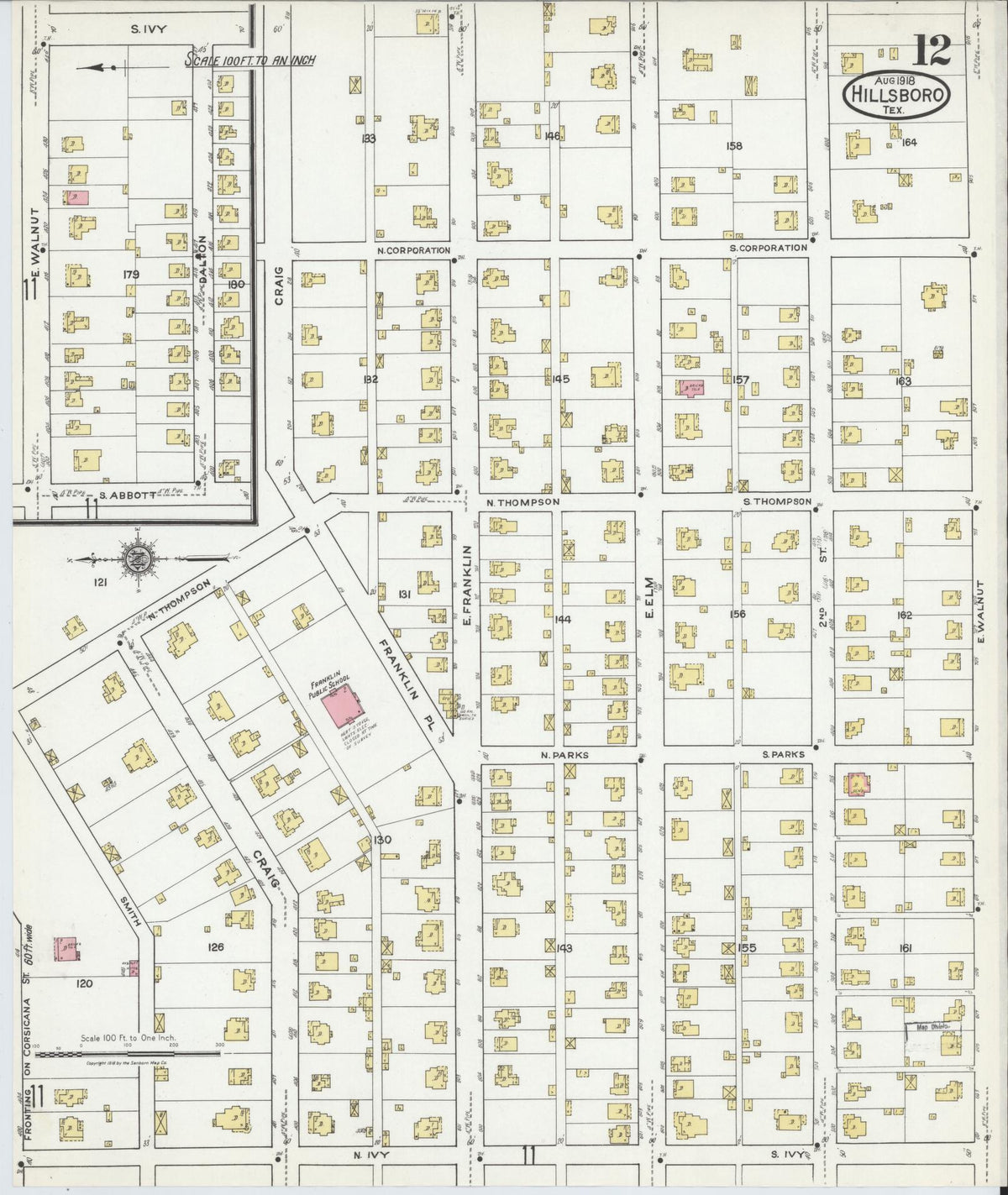 Sanborn Fire Insurance Map from Hillsboro, Hill County, Texas (1918), Sheet #0012 - Complete Map Set gallery image, historic Sanborn map, vintage wall art, Texas Texas