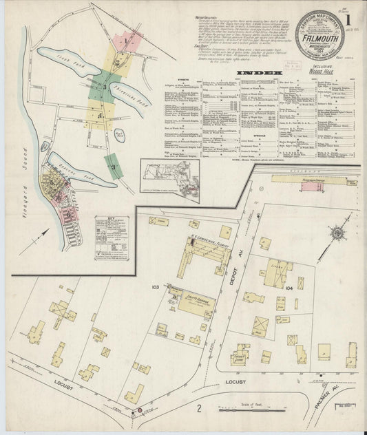 Sanborn Fire Insurance Map from Falmouth, Barnstable County, Massachusetts (1914), Sheet #0001 - Historic Sanborn Fire Insurance Map Print, vintage old map wall art, antique decor, genealogy gift, Massachusetts Massachusetts map
