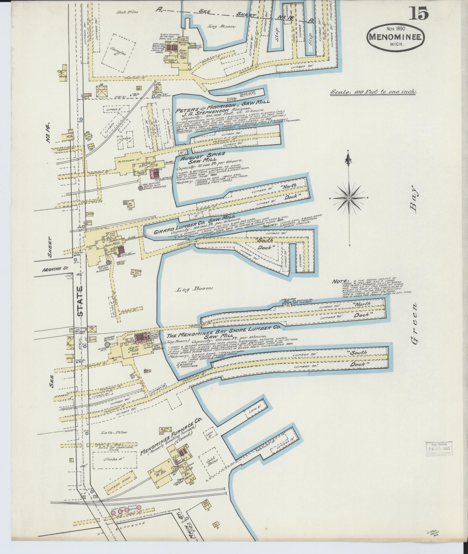 Sanborn Fire Insurance Map from Menominee, Menominee County, Michigan (1890), Sheet #0015 - Historic Sanborn Fire Insurance Map Print, vintage old map wall art, antique decor, genealogy gift, Michigan Michigan map