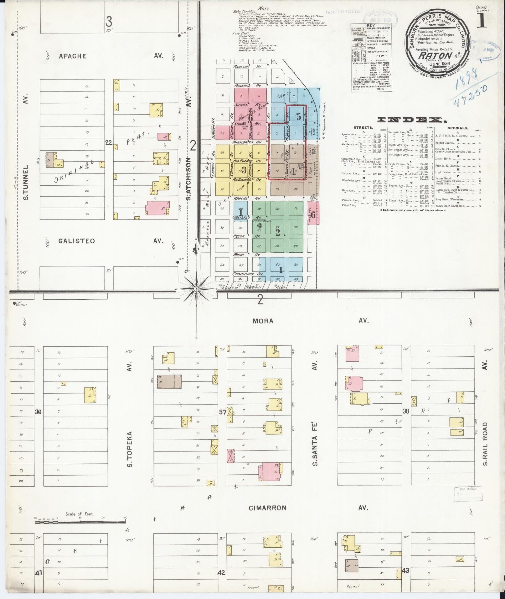 Sanborn Fire Insurance Map from Raton, Colfax County, New Mexico (1898), Sheet #0001 - Complete Map Set gallery image, historic Sanborn map, vintage wall art, New Mexico New Mexico