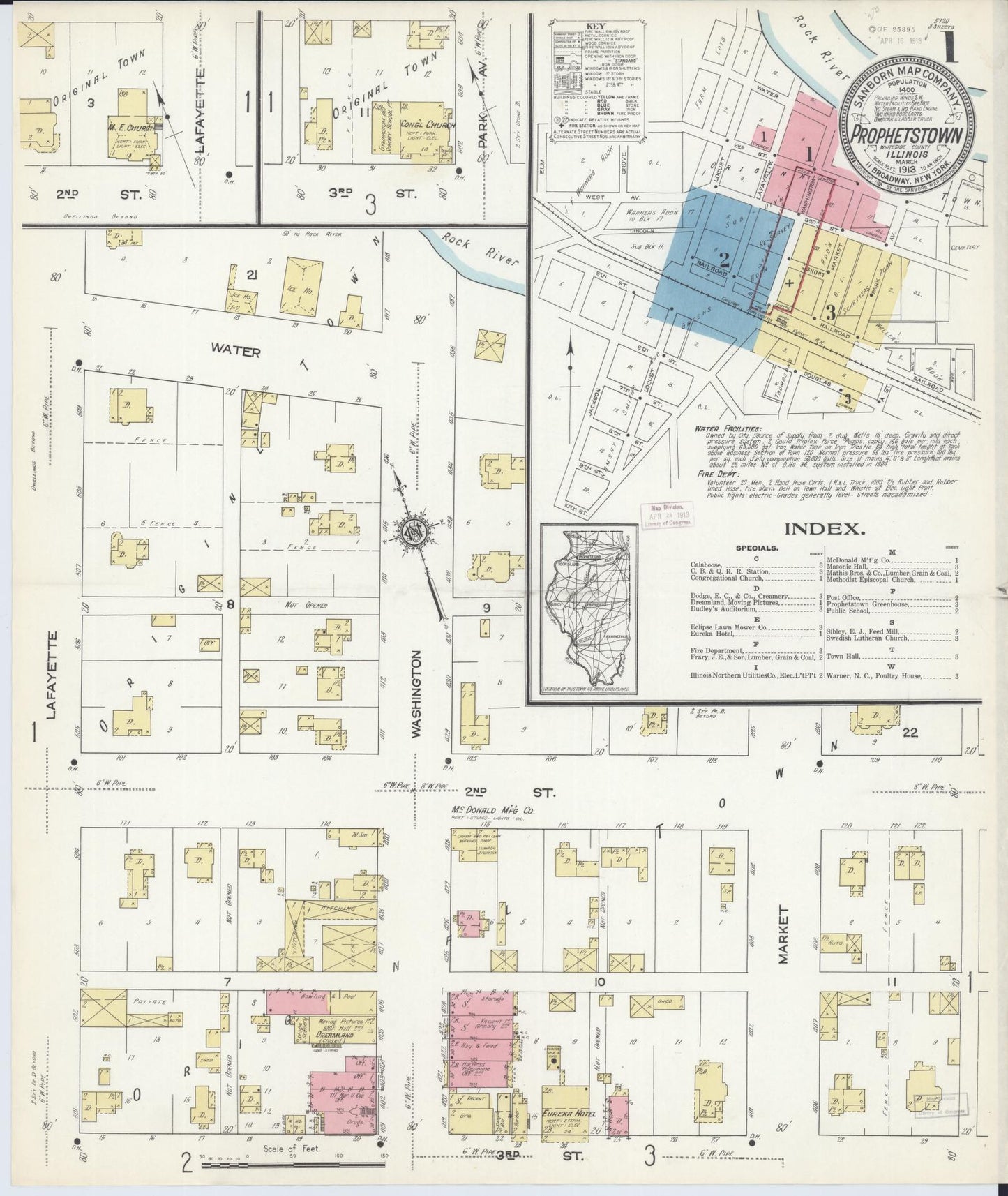 Sanborn Fire Insurance Map from Prophetstown, Whiteside County, Illinois (1913), Sheet #0001 - Complete Map Set gallery image, historic Sanborn map, vintage wall art, Illinois Illinois