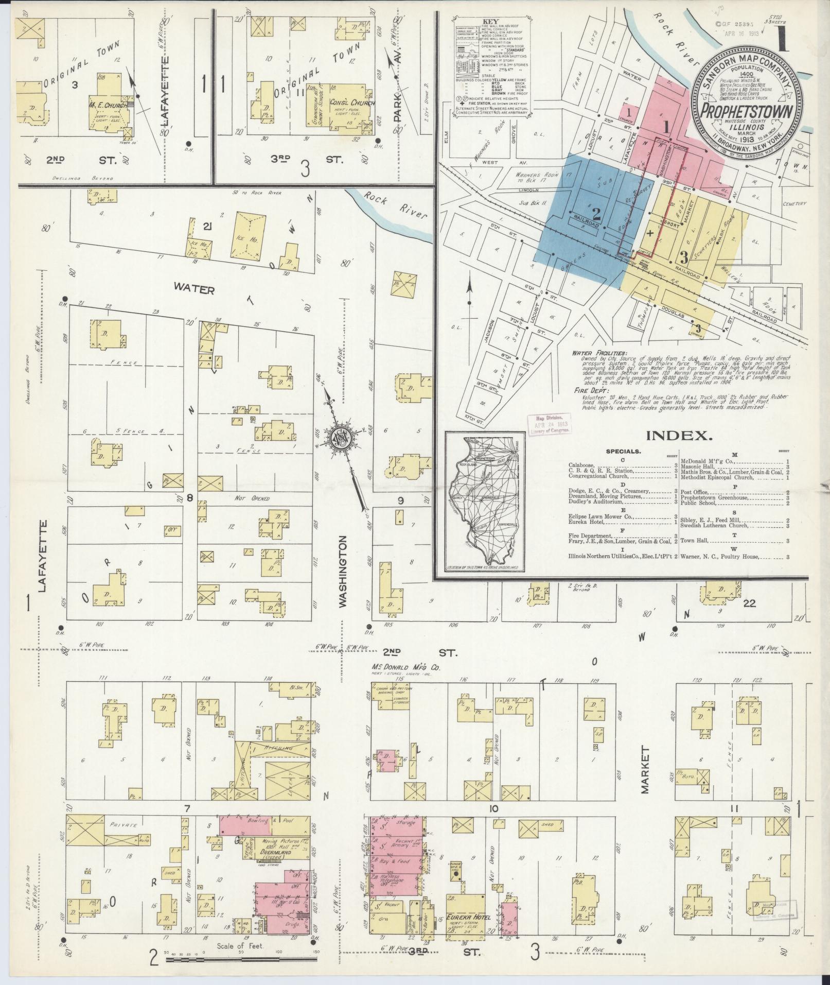 Sanborn Fire Insurance Map from Prophetstown, Whiteside County, Illinois (1913), Sheet #0001 - Complete Map Set gallery image, historic Sanborn map, vintage wall art, Illinois Illinois