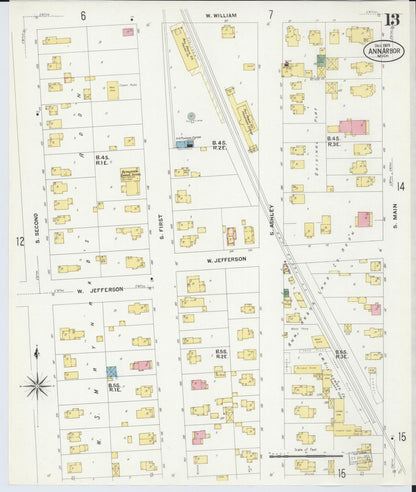 Sanborn Fire Insurance Map from Ann Arbor, Washtenaw County, Michigan (1908), Sheet #0013 - Complete Map Set gallery image, historic Sanborn map, vintage wall art, Michigan Michigan