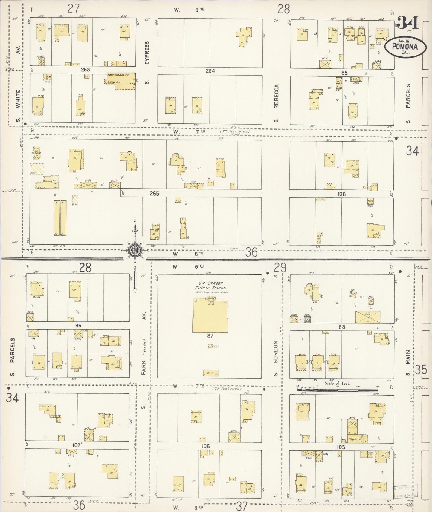 Sanborn Fire Insurance Map from Pomona, Los Angeles County, California (1911), Sheet #0034 - Complete Map Set gallery image, historic Sanborn map, vintage wall art, California California