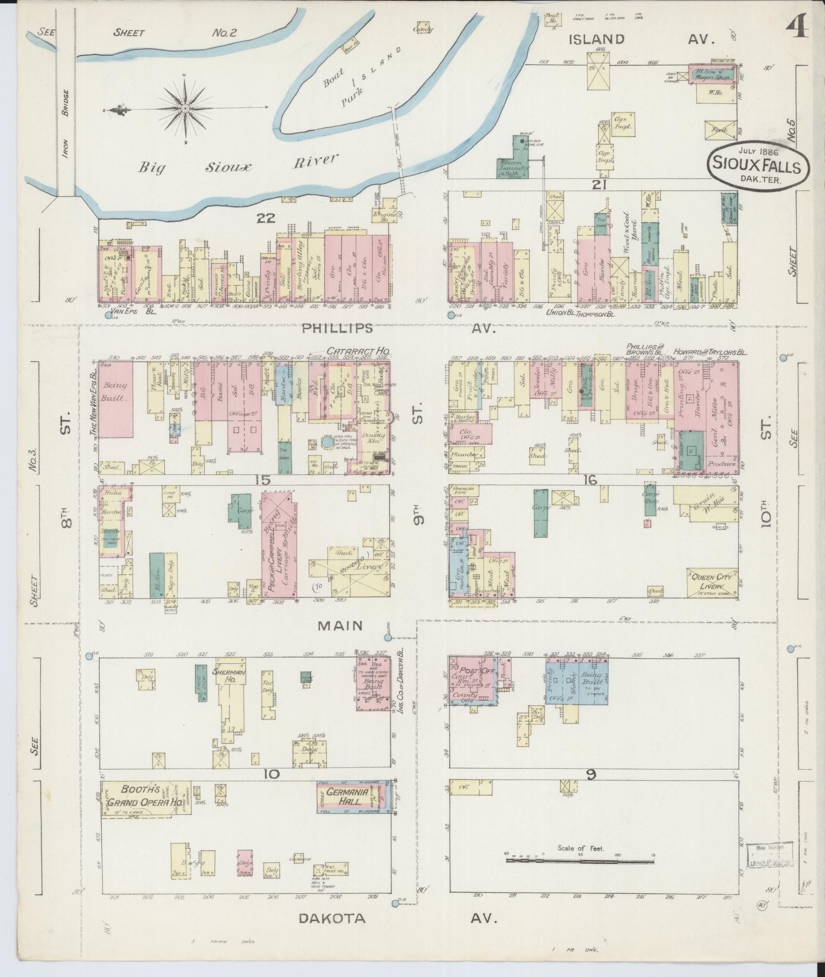 Sanborn Fire Insurance Map from Sioux Falls, Minnehaha County, South Dakota (1886), Sheet #0004 - Complete Map Set gallery image, historic Sanborn map, vintage wall art, South Dakota South Dakota