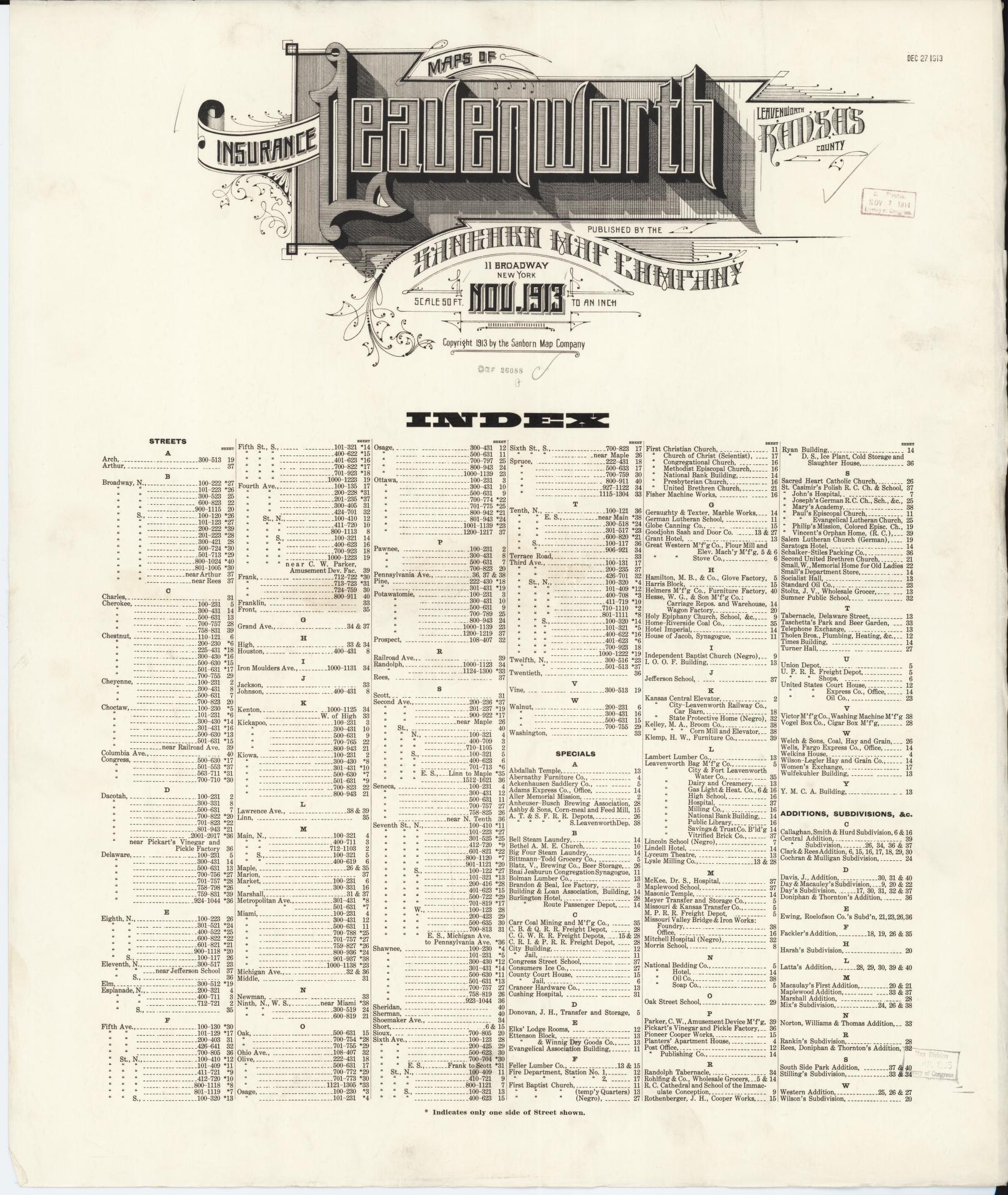 Sanborn Fire Insurance Map from Leavenworth, Leavenworth County, Kansas (1913), Sheet #0001 - Complete Map Set gallery image, historic Sanborn map, vintage wall art, Kansas Kansas