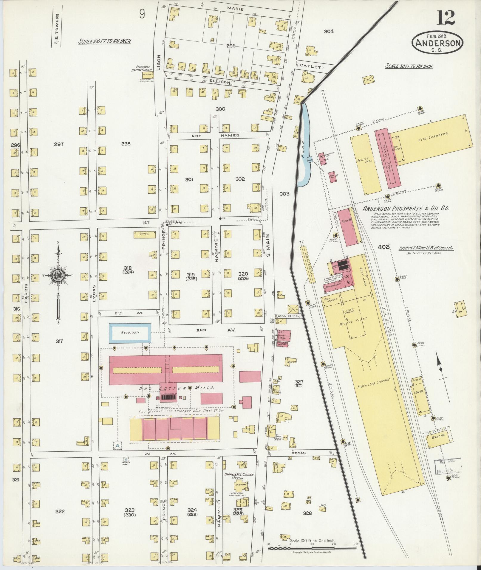 Sanborn Fire Insurance Map from Anderson, Anderson County, South Carolina (1918), Sheet #0012 - Complete Map Set gallery image, historic Sanborn map, vintage wall art, South Carolina South Carolina
