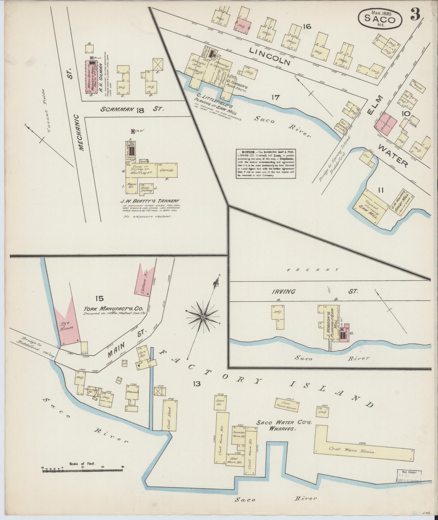 Sanborn Fire Insurance Map from Saco, York County, Maine (1885), Sheet #0003 - Complete Map Set gallery image, historic Sanborn map, vintage wall art, Maine Maine