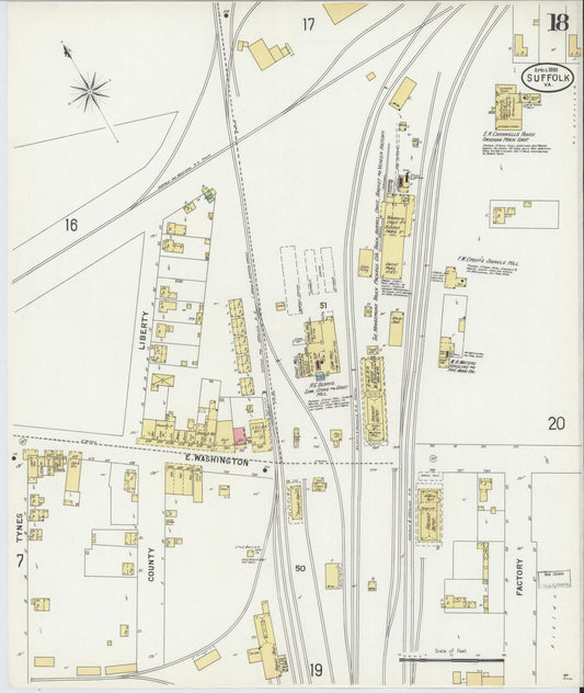 Sanborn Fire Insurance Map from Suffolk, Independent Cities, Virginia (1898), Sheet #0018 - Historic Sanborn Fire Insurance Map Print, vintage old map wall art, antique decor, genealogy gift, Virginia Virginia map