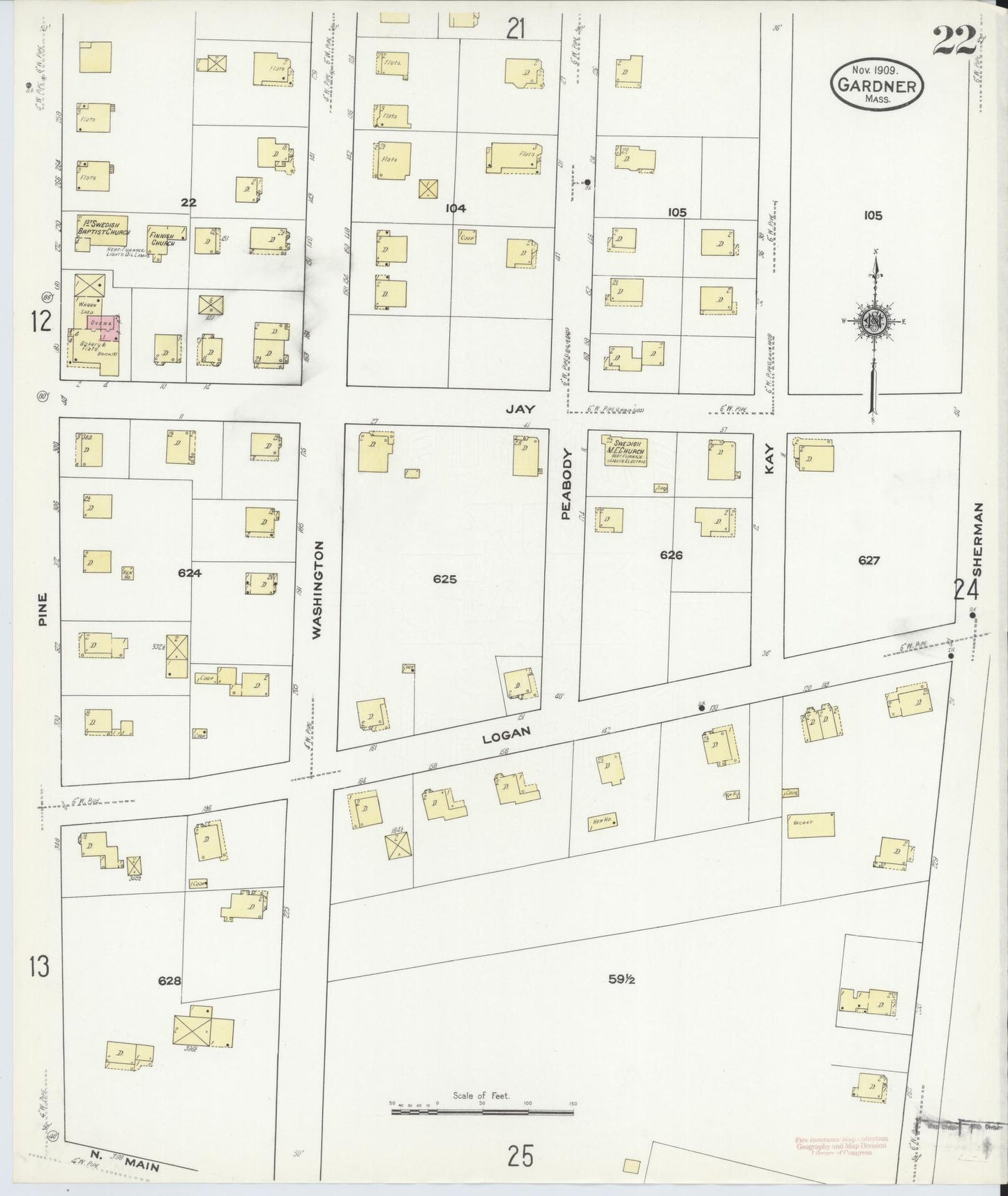 Sanborn Fire Insurance Map from Gardner, Worcester County, Massachusetts (1909), Sheet #0022 - Historic Sanborn Fire Insurance Map Print, vintage old map wall art, antique decor, genealogy gift, Massachusetts Massachusetts map