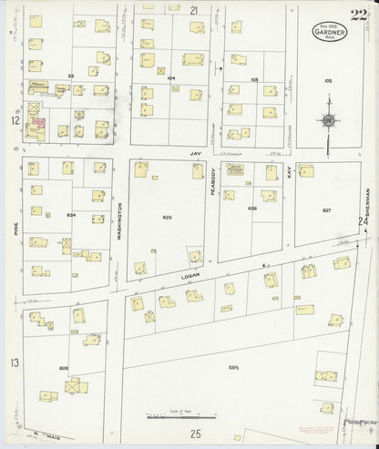 Sanborn Fire Insurance Map from Gardner, Worcester County, Massachusetts (1909), Sheet #0022 - Historic Sanborn Fire Insurance Map Print, vintage old map wall art, antique decor, genealogy gift, Massachusetts Massachusetts map