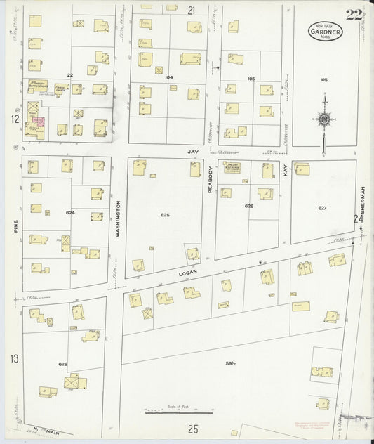 Sanborn Fire Insurance Map from Gardner, Worcester County, Massachusetts (1909), Sheet #0022 - Historic Sanborn Fire Insurance Map Print, vintage old map wall art, antique decor, genealogy gift, Massachusetts Massachusetts map