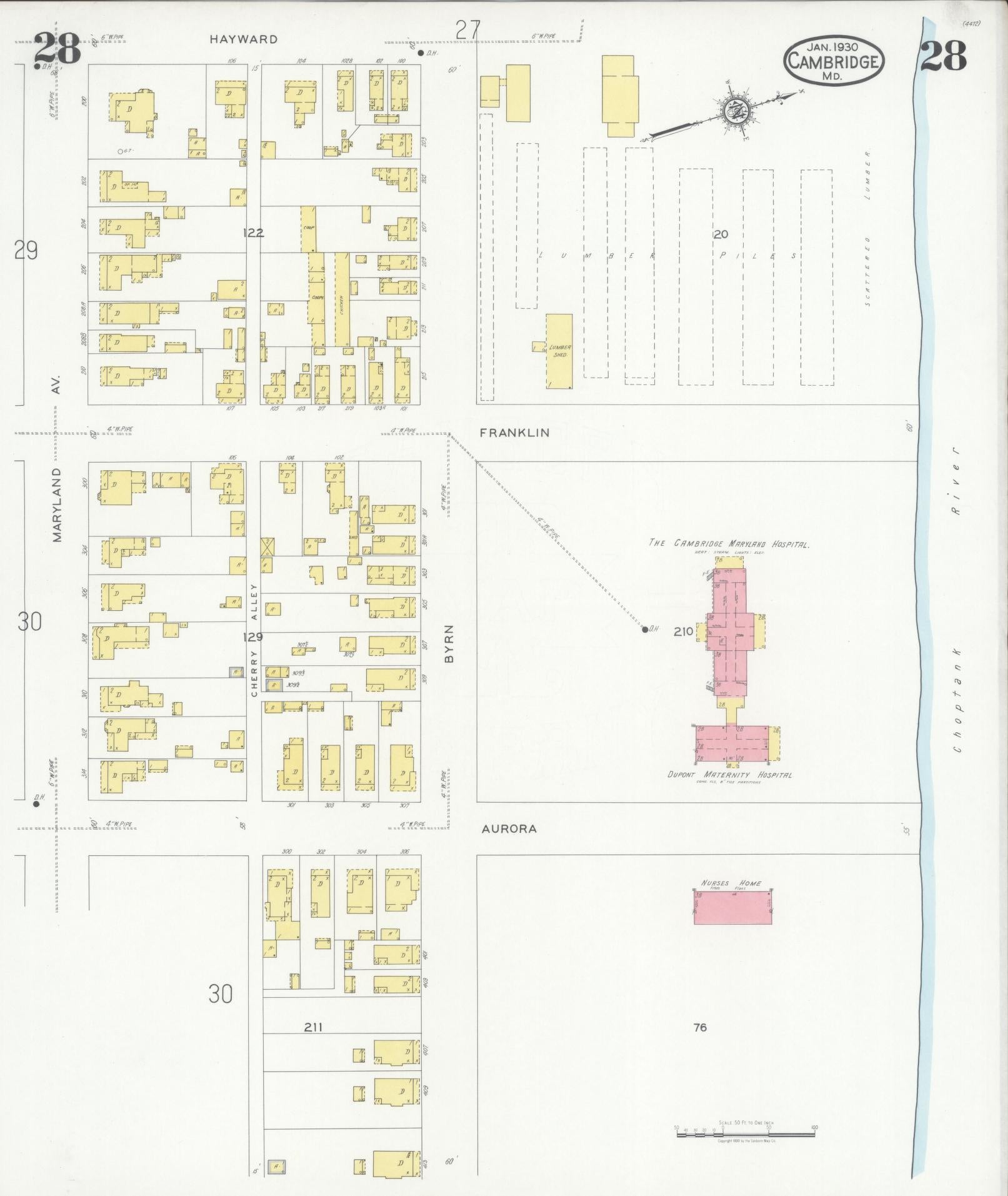 Sanborn Fire Insurance Map from Cambridge, Dorchester County, Maryland (1930), Sheet #0028 - Historic Sanborn Fire Insurance Map Print, vintage old map wall art, antique decor, genealogy gift, Maryland Maryland map